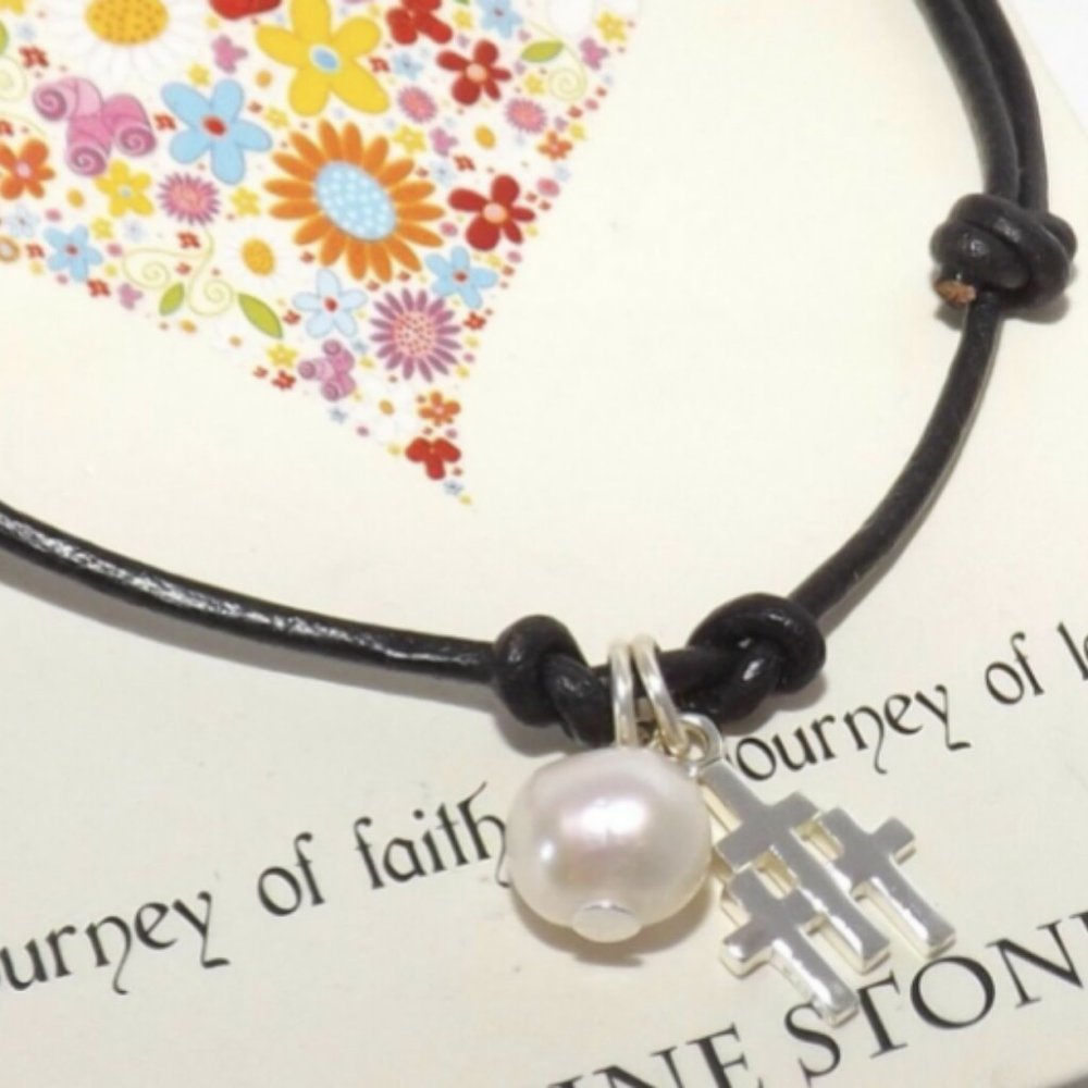 Journey of Faith and Love Leather Pearl Sterling Silver 925 Cross Bracelet Lord